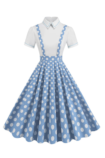 Blå Peter Pan Krave Polka Dots Stropper Samlet Vintage Kjole